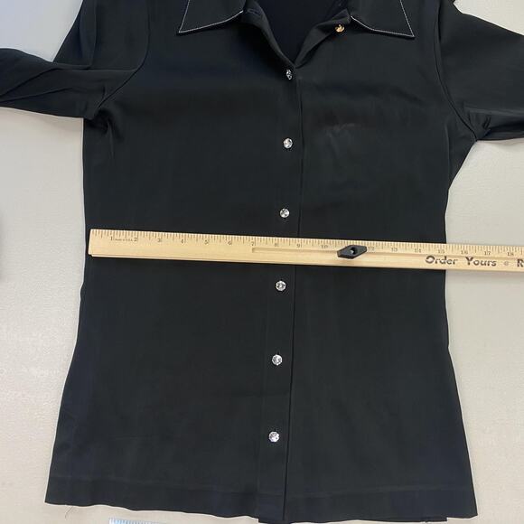 VTG Nicole Miller Stretch Satin Top 10 Large Black Crystal Button Glam Academia - Picture 8 of 13